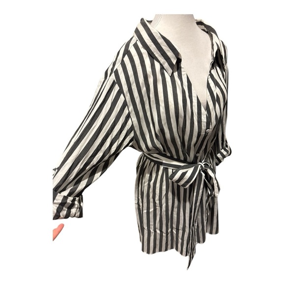 Alice + Olivia Tate Black White Striped Belted Shirt Dress Tunic Top Size L - Picture 10 of 10